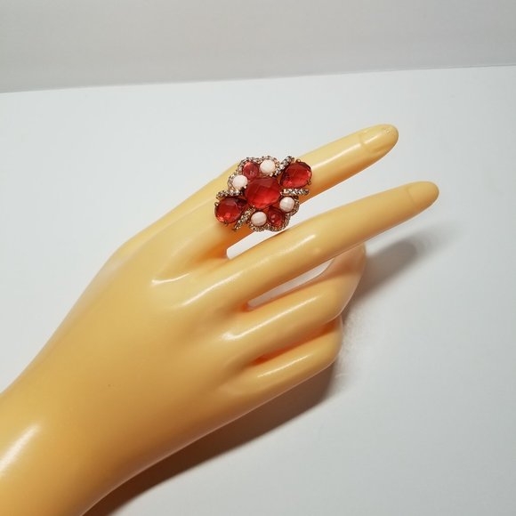 Angelique De Paris Women's Gold Plated Set of Long Red Earrings and Ring Size 6 - Picture 15 of 16